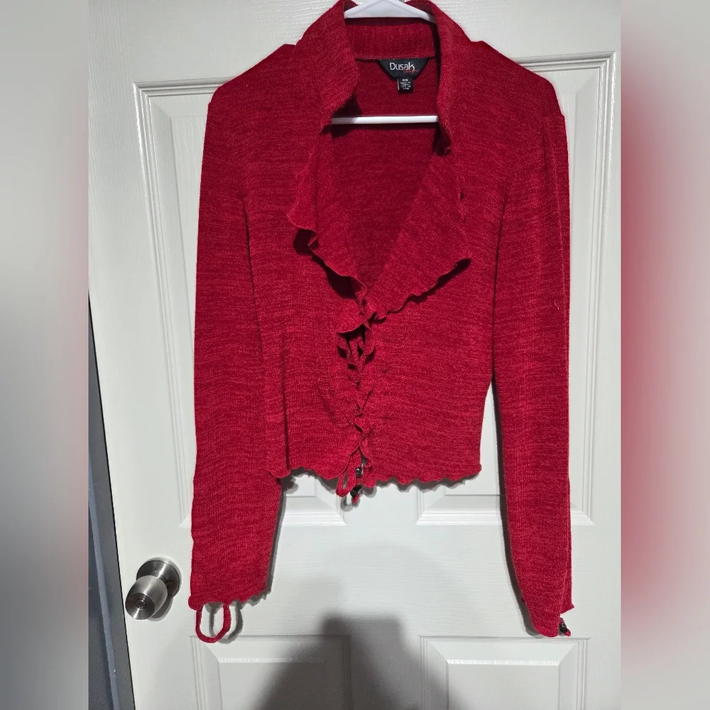 Small Ruffled Red Cropped Cardigan - Picture 1 of 3